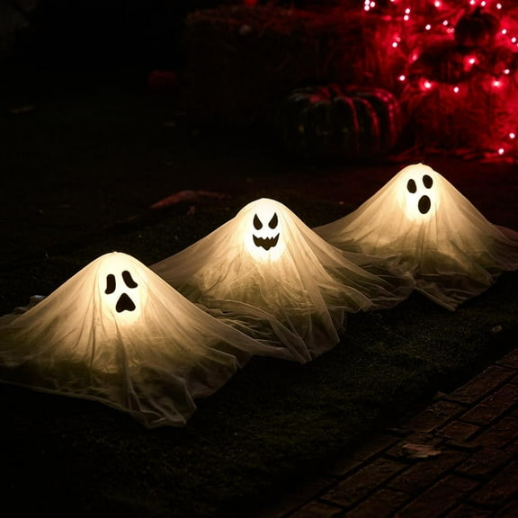 XH Halloween Outdoor Decorations White Ghost Garden Stakes with Light Up Design (3 Packs), Cloth Ghost for Halloween Lights, Graveyard Yard Lawn Decorations