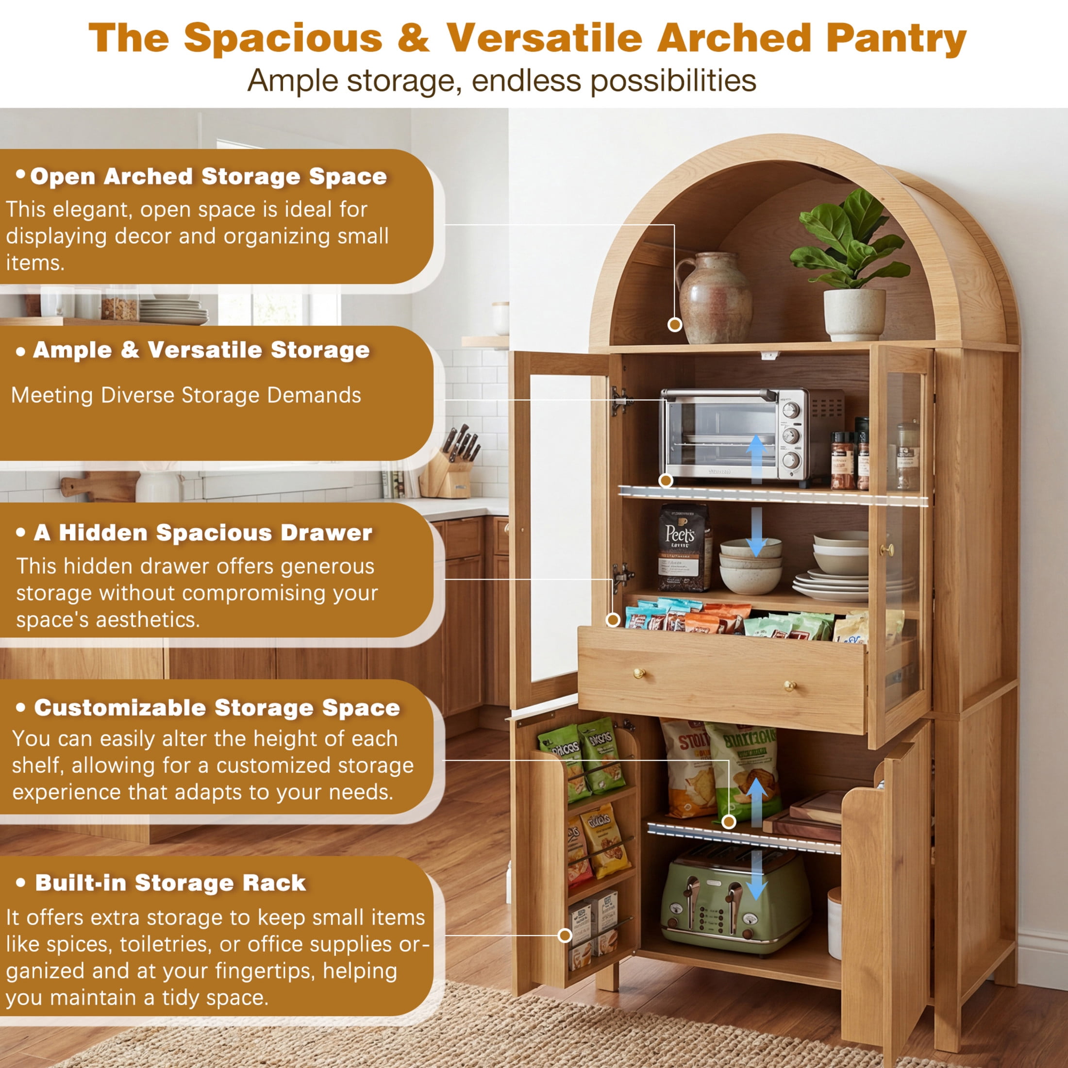 Noble House 71" Fluted Arched Pantry Cabinet with Adjustable Shelves, Hidden Drawer and Built-In Racks, Oak