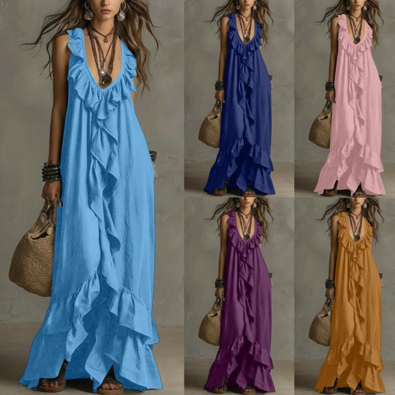 HBBIKVI Cascading Ruffle Maxi Dress for Women Summer V-Neck Peasant Dress with Loose Flowy Fit for Beach and Casual Vacation Wear