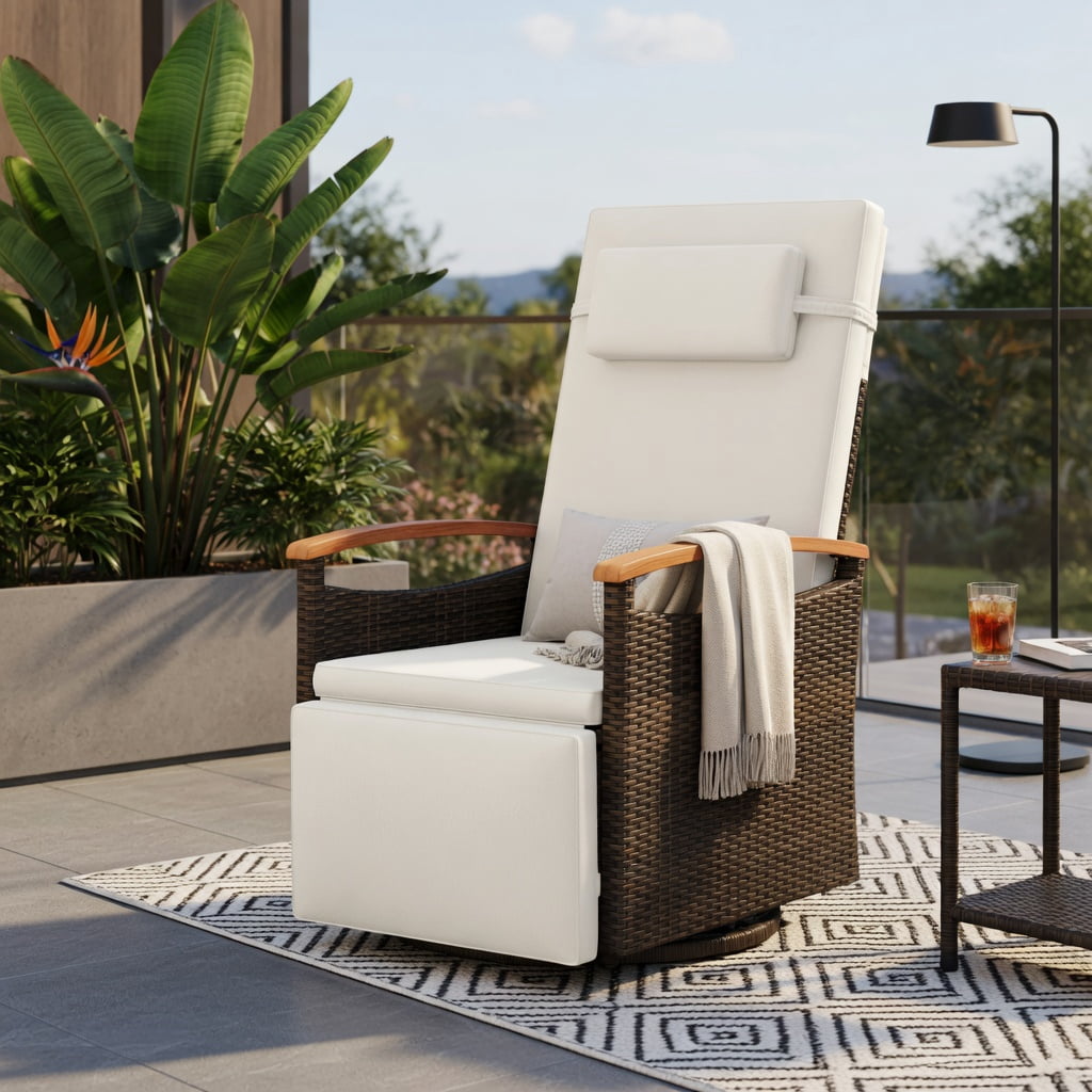 Hommoo 360° Swivel Outdoor Recliner Chair with Adjustable Backrest & Footrest, PE Rattan Patio Seating for Backyard, Porch, Poolside, White