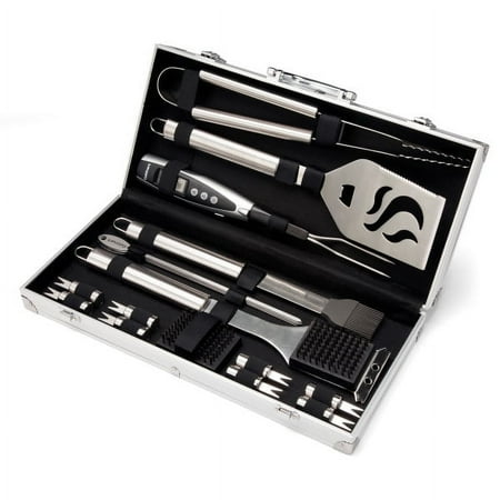 Cuisinart Deluxe Grill Tool Set, 20-Piece Grill Tools BBQ Accessories with Aluminum Case & Digital Temperature Fork, Stainless Steel Spatula, Tongs