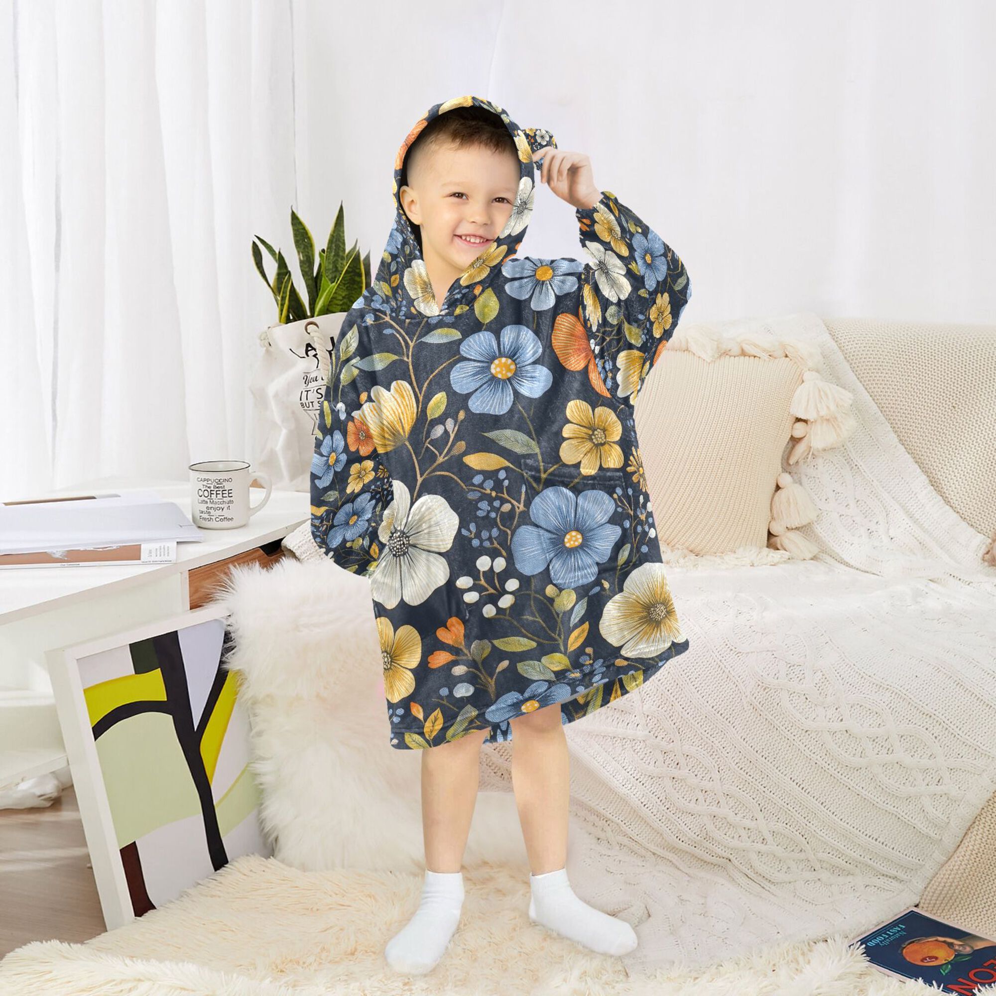 FORMRS Wearable Blanket Hoodie with Sleeves for Kids Cozy Flannel Sweatshirt, Navy Floral Pattern