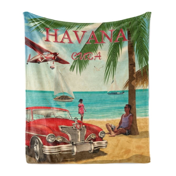 Travel Soft Flannel Fleece Throw Blanket, Havana Cuba Themed Retro Poster Like Graphic with Vintage Car on Tropical Beach, Cozy Plush for Indoor and Outdoor Use, 70" x 90", Multicolor, by Ambesonne