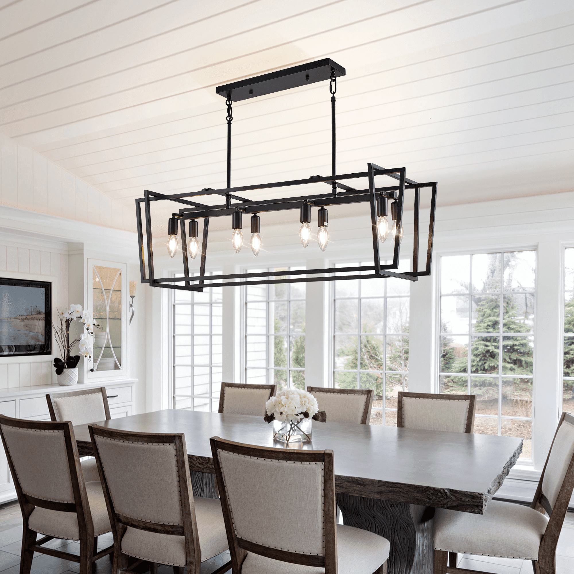 LovingAHome 8 Lights Rectangle Chandelier, Black Farmhouse Chandelier Light Fixture for Dining Room