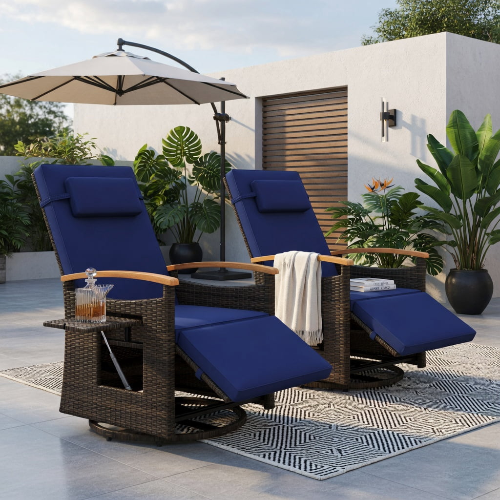 Hommoo 360° Swivel Rattan Recliner Chair with Adjustable Backrest & Footrest, Cushion, PE Wicker, Acacia Wood Frame, Outdoor Patio Lounge Chair, Navy
