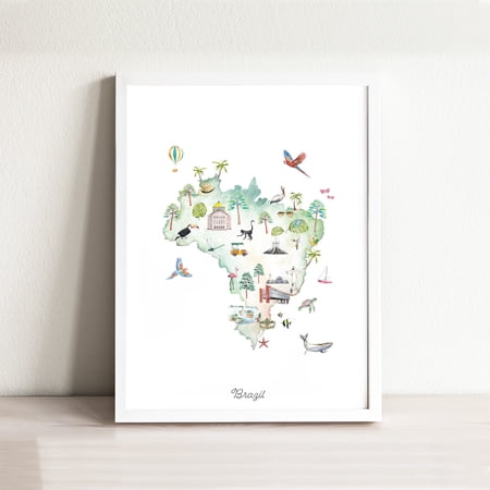 Brazil Map Art Print: Watercolor Travel Poster, Nursery Decor Vintage Style, Poster Only