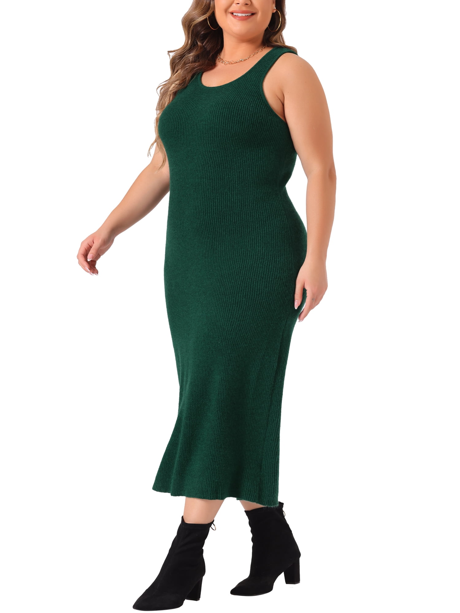 DARING DIVA Plus Size Sweater Crew Neck Sleeveless Midi Tank Dress 2X Dark Green