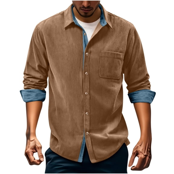 ZCFZJW Men's Corduroy Button Down Shirt Color Block Long Sleeve Casual Collared Wrinkle Free Classic Fit Untucked Shirts with Pocket Khaki XL