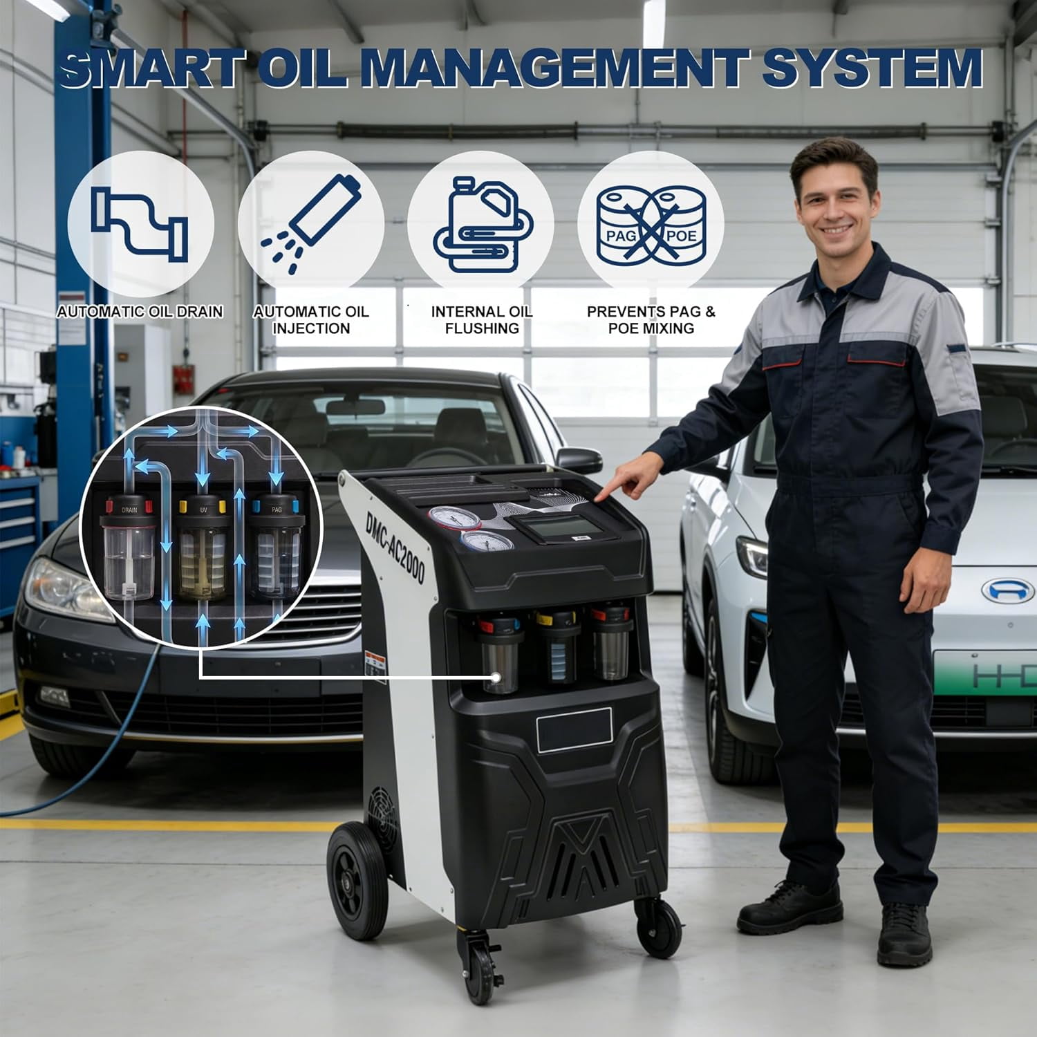HPDMC Professional Fully Automatic R134a AC Recovery & Recharge Machine, 7" Touch Screen Service Station with Vacuum Pump, Leak Test, Oil Injection and Built-in Printer for Car HVAC Systems