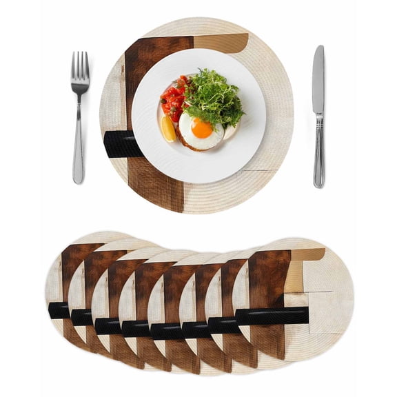 Vintage Brown Color Blocks Round Table Placemats set of 8, Abstract Graffiti Art Modern Washable Woven Place Mats for Dining Tables Kitchen Party Decor,Heat Proof, 15in,