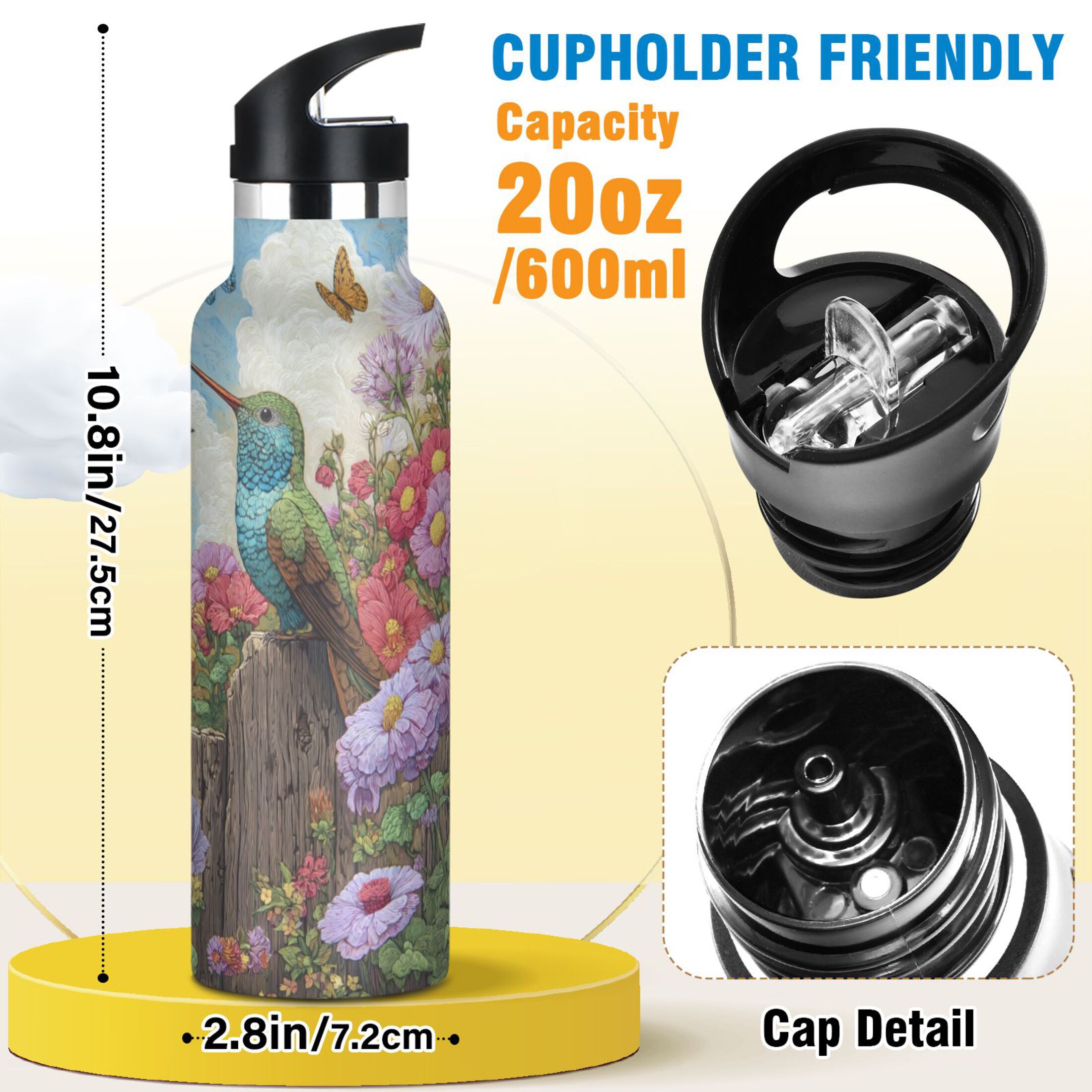 Kids Insulated Stainless Steel Sports Water Bottle 600ml (20oz) Hummingbirds and Flowers