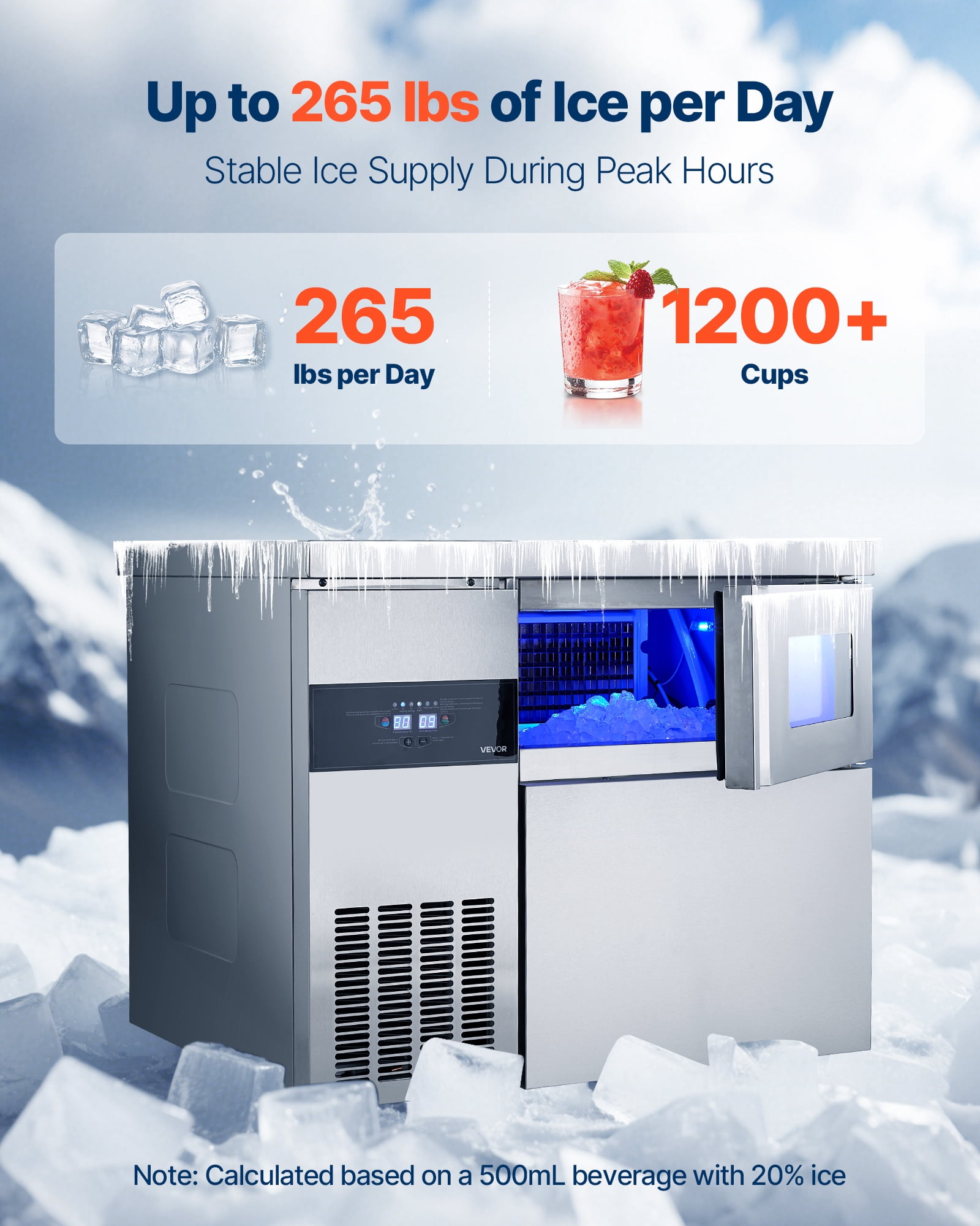 VEVOR Commercial Ice Maker Machine, 265 lbs/24H Stainless Steel Ice Machine with Worktop,66 lbs Storage & 126 Cubes/Cycle,Self-Cleaning Freestanding Ice-Making for Home Bar Office Restaurant Kitchen