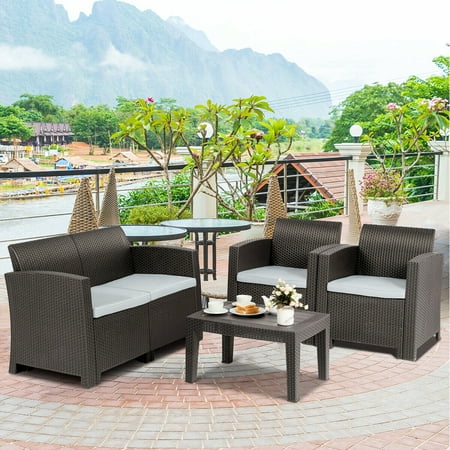 Gymax 4 Piece Patio Furniture Set Molded Rattan Sectional Sofa Set Coffee Table