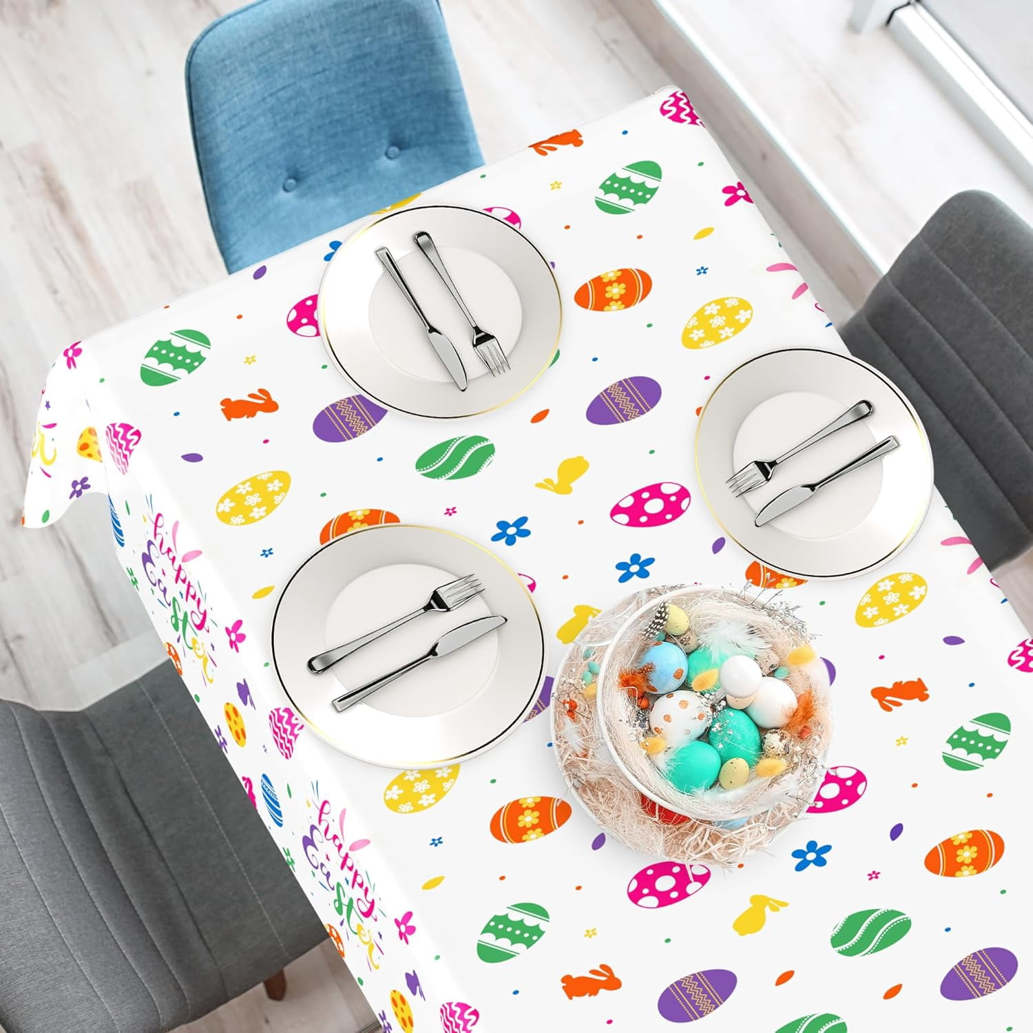 4 Pack Disposable Easter Tablecloth, 54 x 108 Inch Rectangular Easter Table Cloth, Spring Table Cloth with Colorful Eggs Floral Design, Happy Easter Tablecloths for Easter Decorations Holiday Decor
