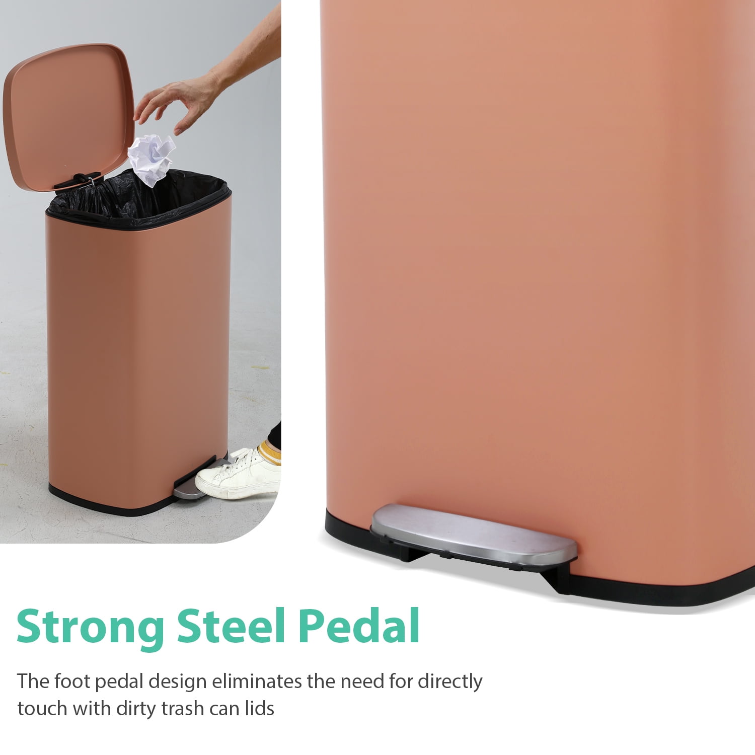 CL.HPAHKL 13 Gallon Step-on Trash Can with Soft-Close Lid, Stainless Steel Kitchen Garbage Can with Foot Pedal and Removable Inner Bucket, Fingerprint-Proof Trash bins for Home Office, Pink