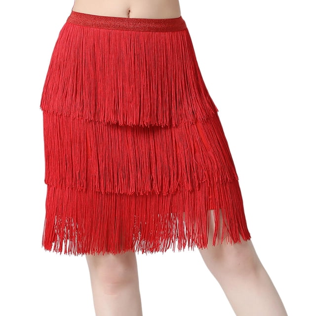 Falda de baile latino con borlas de tres capas, vestido suave para mujer, ropa de baile para fiesta en club Rojo Medio