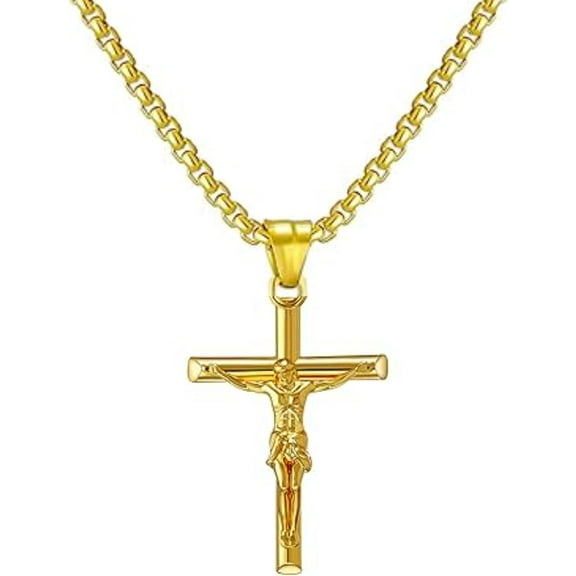 Jesus Cross Crucifix Pendant Necklace for Men/Women with 3mm 22' Stainless steel Box chain Necklace