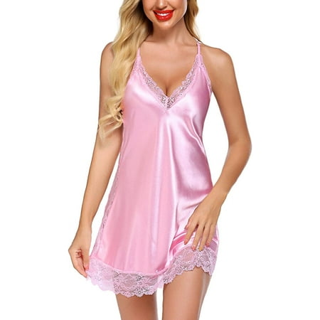 Avidlove Women Lingerie Satin Lace Chemise Nightgown Sexy Full Slips Sleepwear (Small Pink)