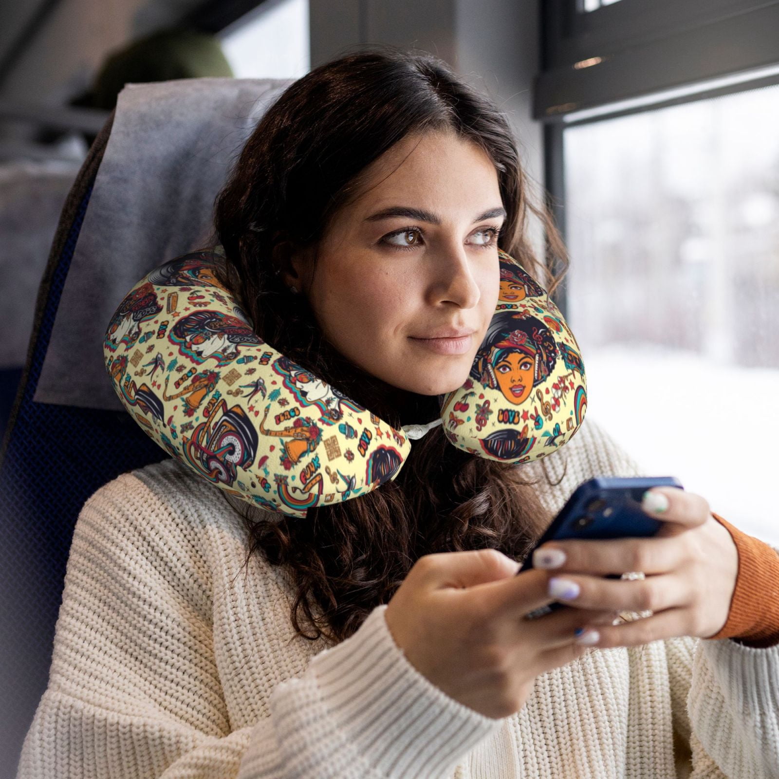 Xecao Fashion Hippie Girl Print Memory Foam Cervical Neck Pillow Versatile U-Shaped Pillows for Home,Office,Camping,Travelling,Soft Washable Cover