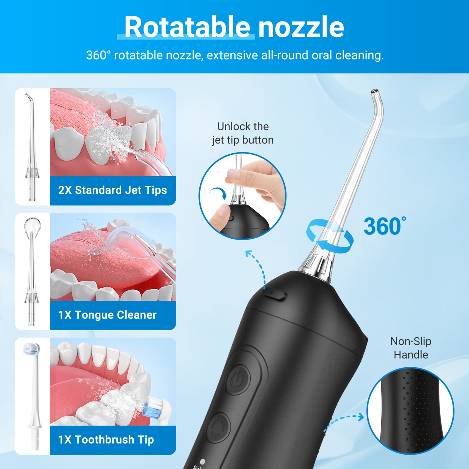 Betterchoi Water Flosser for Teeth, Portable Cordless Water Dental Flosser Teeth Pick – 4 Cleaning Modes, 1800 Pulses, 300ML Tank, IPX7 Waterproof, Black