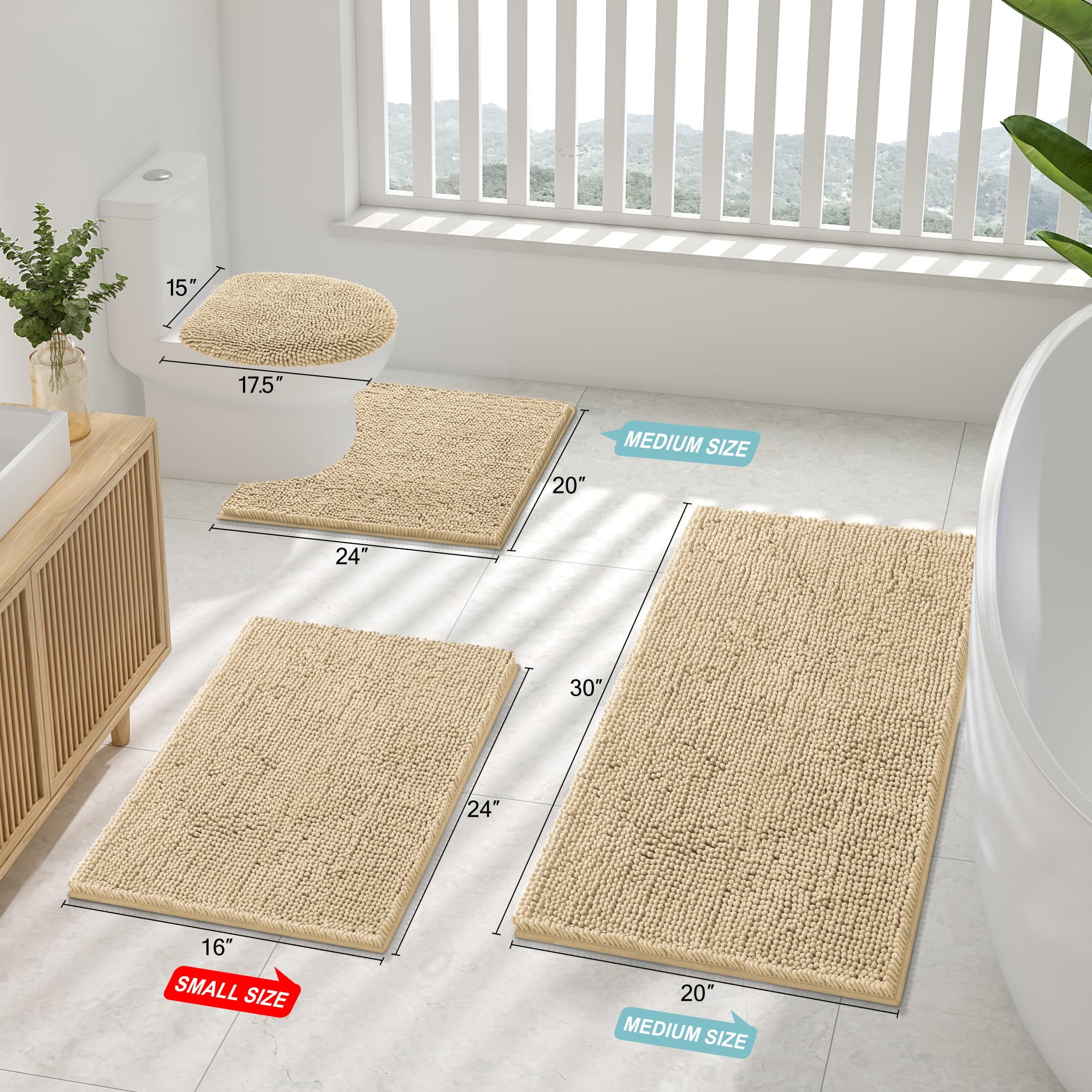 Smiry Bathroom Rugs Sets 2 Piece, Soft Absorbent Chenille Bath Rug Set, Non Slip Machine Washable Shaggy Bath Mats for Tub, Shower, and Floor (30x20+24x16, Beige)
