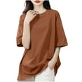 thumbnail image 3 of Summer Short Sleeve Tops For Women Solid Color Shoulder Down Short Sleeved Round Neck Loose Loose Fitting Tops Brown Outfits Clothes 2026 S-3XL, 3 of 6