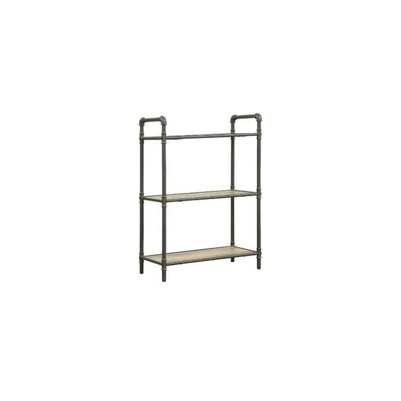 HomeRoots 36" Antique Oak and Sandy Gray Metal Three Tier Standard Bookcase