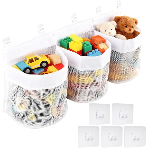 Organizer Net, Large Hanging Storage Holder with 3 Compartment Large Openings 59cm Mesh Baby Bath Hanging Organiser Bag with 5 Sticky Hooks for Bathtub Toy Storages Classification