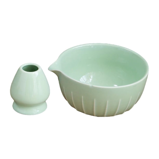 Cuenco de cerámica para matcha con soporte para batidor, esmaltado, juego de té matcha para ceremonia del té verde Verde claro