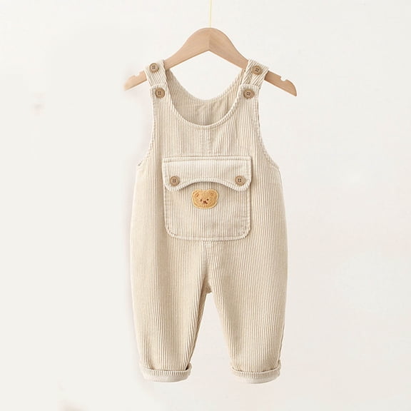 Girls Corduroy Jumpsuits Solid Color Floral Print Button Down Sleeveless Jumpsuits Long Romper Pants with Pockets Beige 6-12 Months