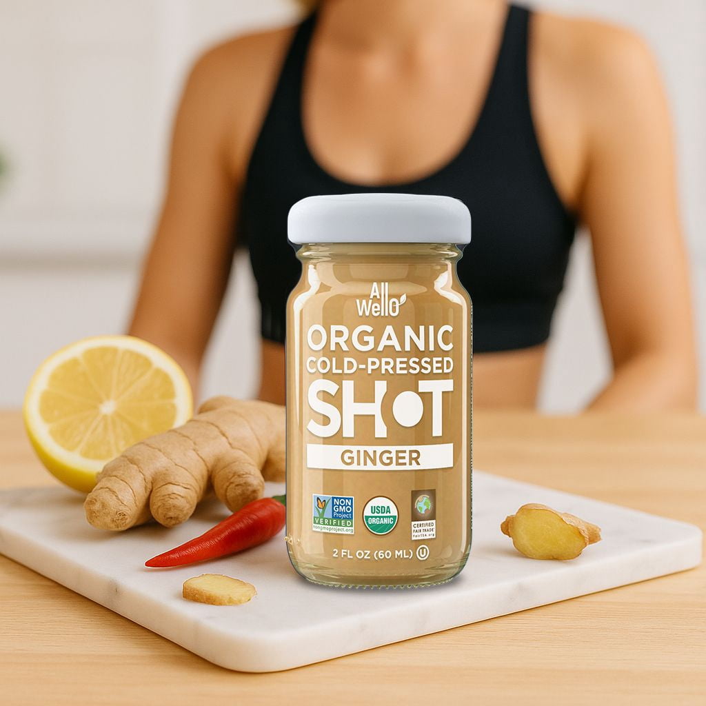 (6 pack) AllWellO Organic, Cold Pressed Ginger Shots, 2 fl oz Glass Bottles, 3 Pack