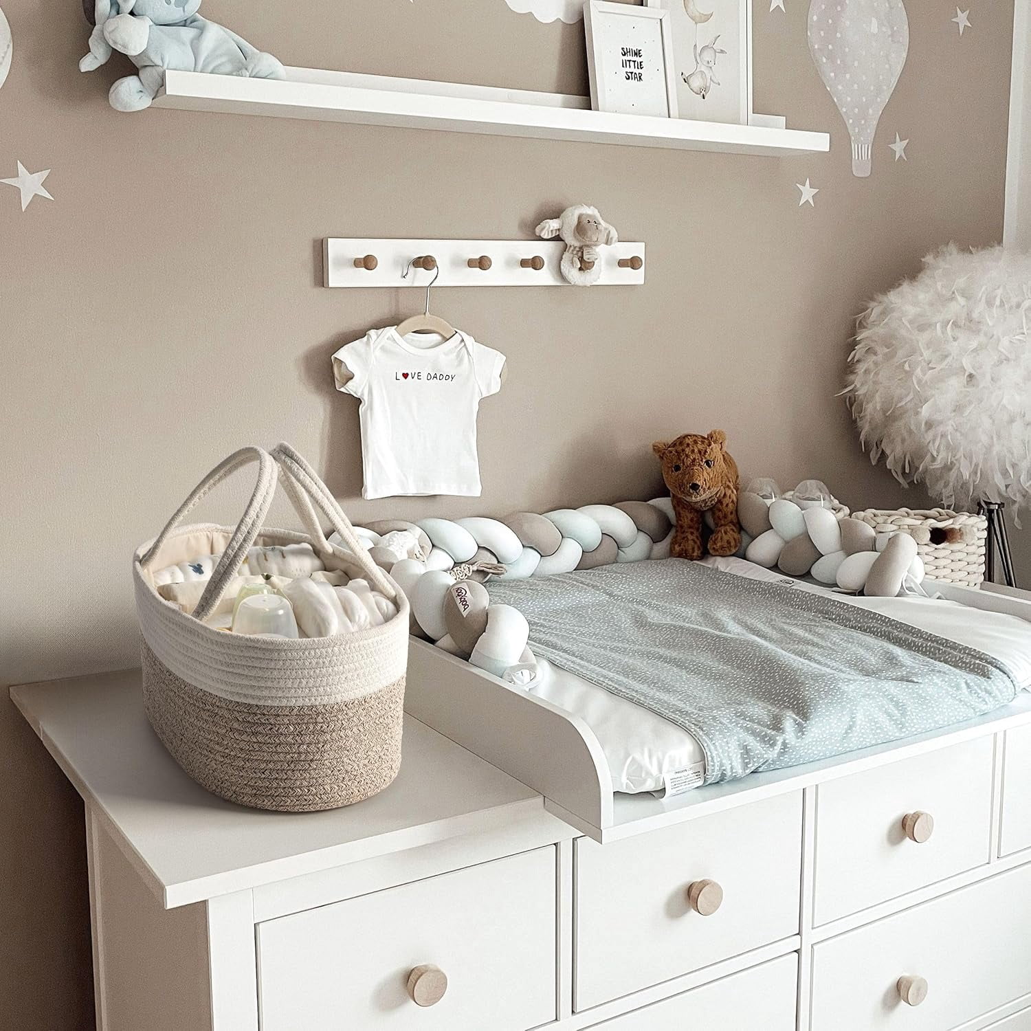Nappy Caddy, Cotton Rope Baby Storage Basket for Newborn Essentials Portable Organiser with Detachable Compartments for Changing Table, Nursery or Car
