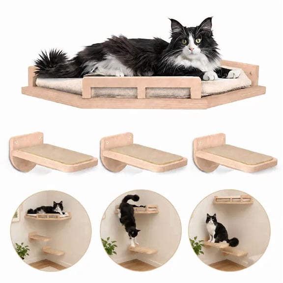 Natural‑Wood Corner Wall Shelves with 3 Steps, Washable Cushioned Climbing Wall System for Pets Under 15lbs, Space‑Saving Wall Furniture for Indoor Apartments