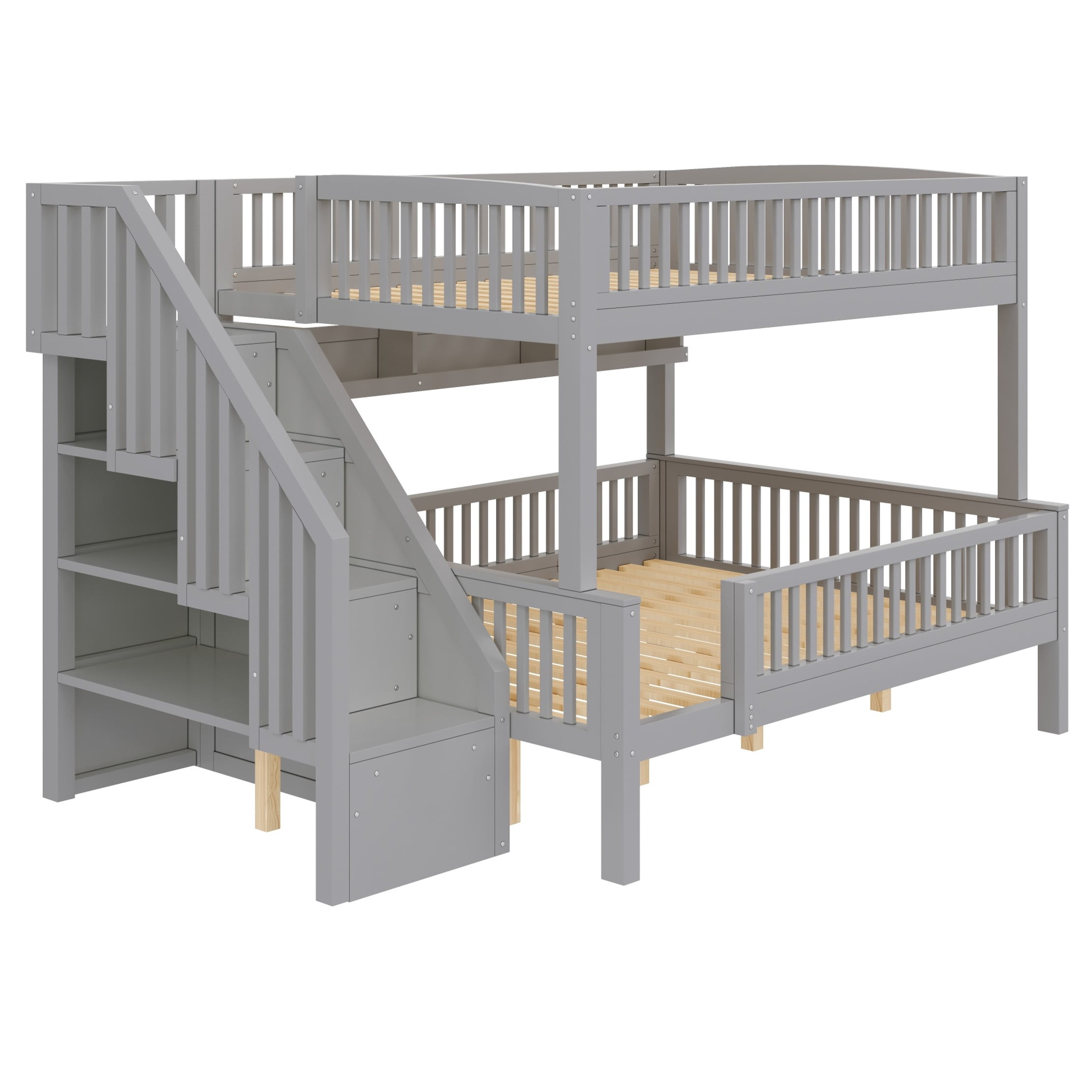 Noble House Dalmor Full XL over Queen Bunk Bed with Storage Staircase & Built-in Bookshelf, Adjustable LED Light, Grey