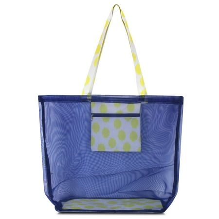 Picnic Handbag Waterproof Beach Mesh Picnic Hand Bag by Zodaca Shoulder Tote Carry Bag for Shopping Outdoor Activity - Yellow Dots with Blue Trim ()