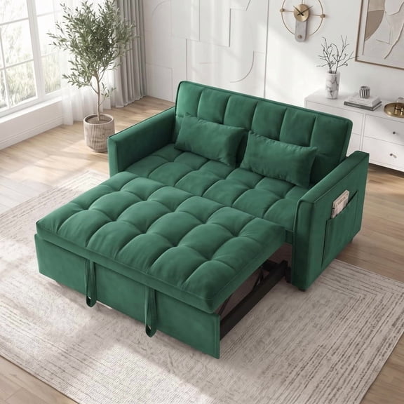 Gewnee 55" Sofa Bed, Convertible Sleeper Sofa & Pull Out Couch, 3-in-1 Velvet Loveseat with Adjustable Backrest and Storage Pocket, Green