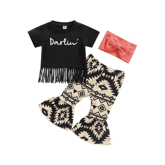BemeyourBBs Toddler Girls Summer Clothes 2 Piece Outfits Letters Print Short Sleeve Tassle T-shirt Tops with Tassels and Casual Bell Bottom Flare Pants Set Headband