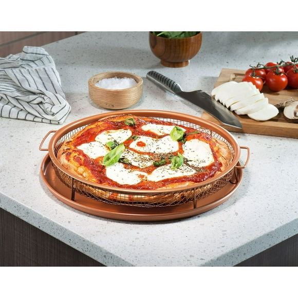 Gotham Steel Bac à légumes rond en cuivre 12", plaque à pizza et plat de cuisson, ensemble de 2 pièces!