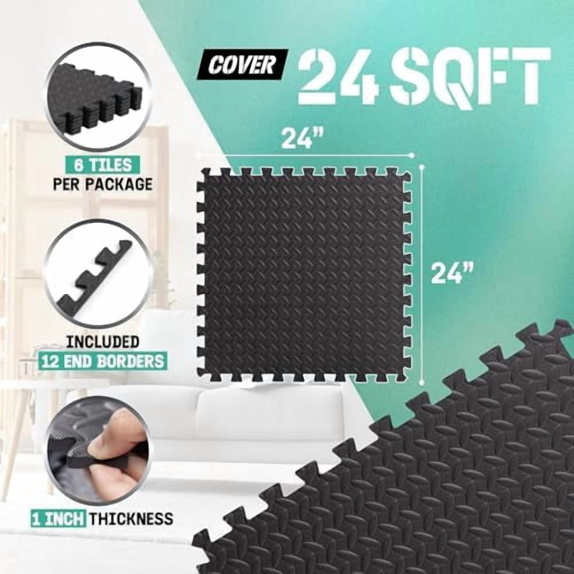 24SQFT-120SQFT Puzzle Exercise Mat for Home Gym, EVA Interlocking Foam Floor Tiles with Border for Workout Equipment Black,I. 1" Thick, 24SQFT