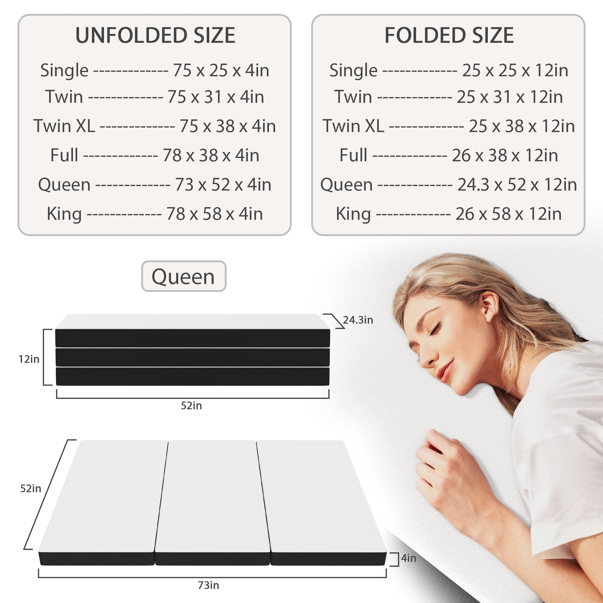 YRLLENSDAN 4" Trifold Memory Foam Mattress, Foldable Mattress Full Size Folding Mattress Foldable Bed Trifold Mattress with Washable Cover Easy Storage Fold Up Mattress for Floor Camping Guest