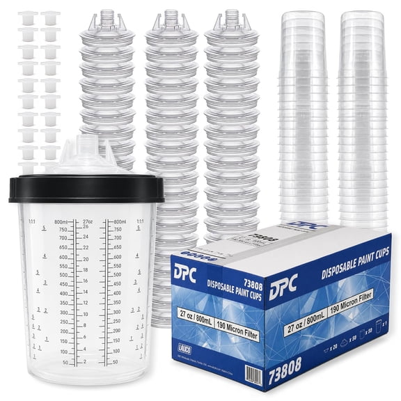 LAUCO Disposable Paint Spray Gun Cups Liners 800ml | 27oz | 190 Micron with Lid System 50 Cup Liners, 50 Lids, 1 Hard Cup w/Retainer Ring and 20 Plugs - Compatible w/Original 1.0 System