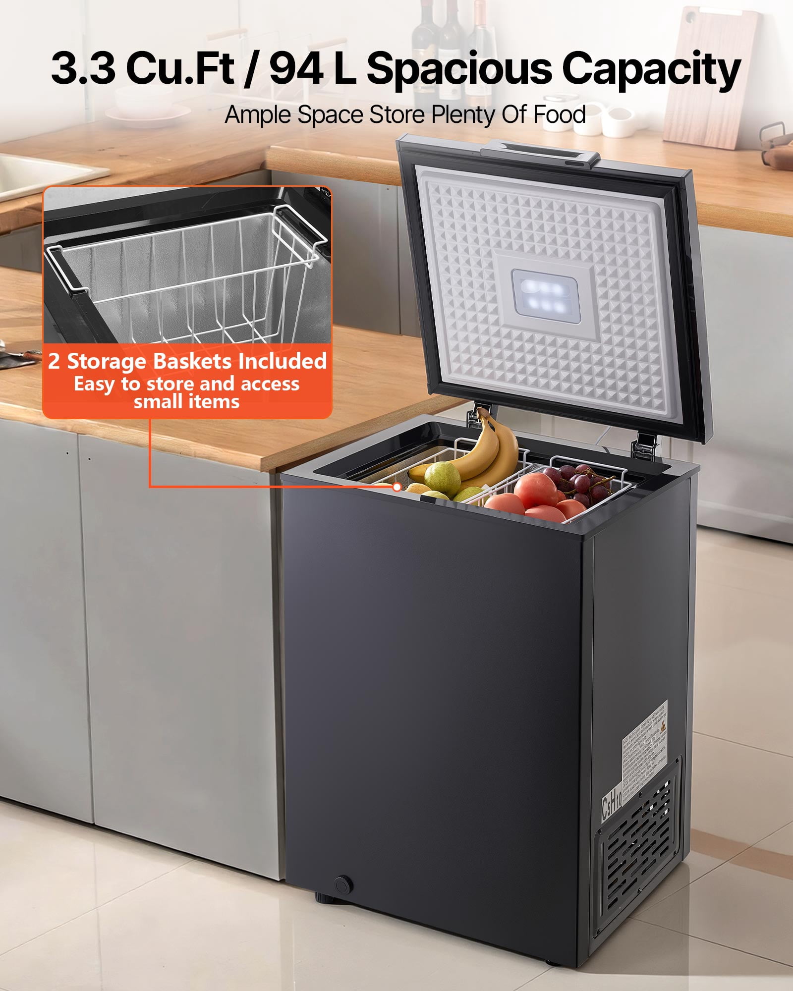 VEVOR Chest Freezer, 3.3 Cu.ft Compact Deep Freezer, Free Standing Top Open Door Chest Freezers with 2 Removable Baskets & Adjustable Thermostat - Energy Saving, Low Noise & Garage Ready, Black
