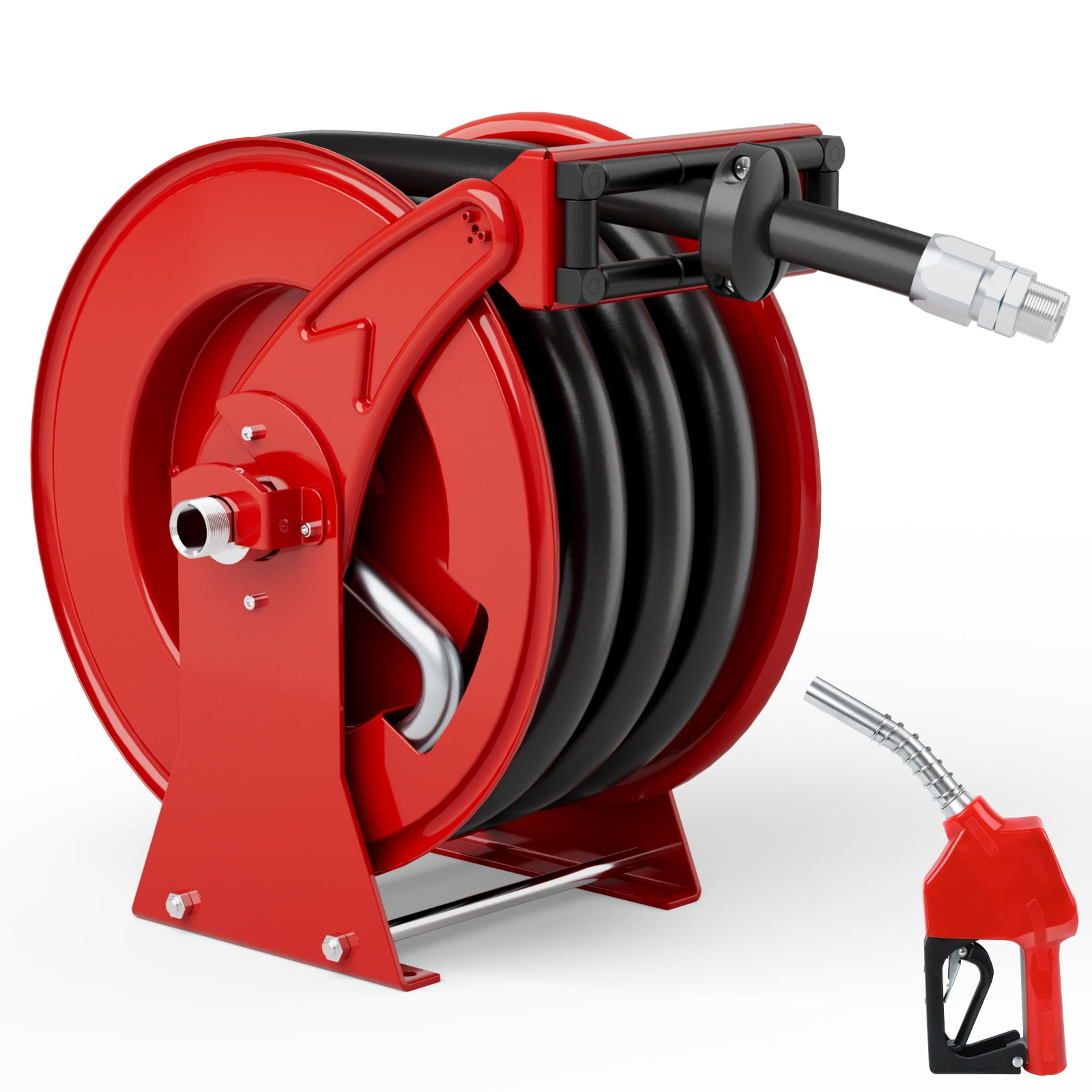 Fuel Hose Reel, 1" x 33' Retractable Diesel Hose Reel, Heavy-Duty Carbon Steel Construction with Automatic Fuel Nozzle, NBR Rubber Hose for Aircraft Ship Vehicle Tank Truck, 300 PSI, Red