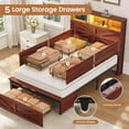 thumbnail image 2 of Twin Bed Frame with 5 Storage Drawers and Charging Station, Farmhouse Wooden Platform Bed Frame with Barn Door Headboard and Hidden Compartment, No Box Spring Needed, Brown, 2 of 6