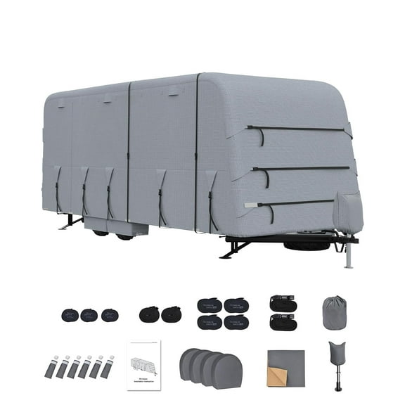 Pinypikaka RV Travel Trailer Cover, Heavy Duty Extra-Thick Upgraded Camper Cover with Zippered Door, Windproof Waterproof Rip-Stop RV Covers with Jack Cover, Gutter Covers, Extra Straps