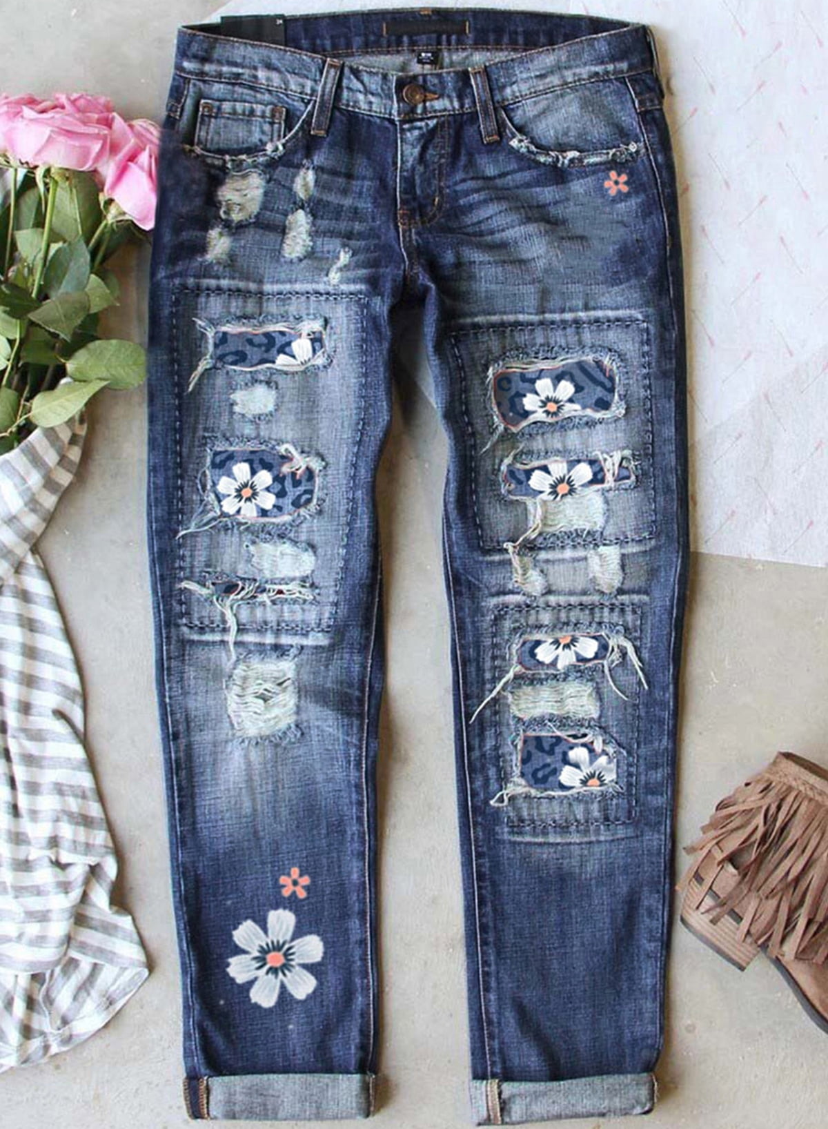 Dokotoo Women s High Waist Stretchy Ripped Jeans with Floral Patch Pockets Walmart