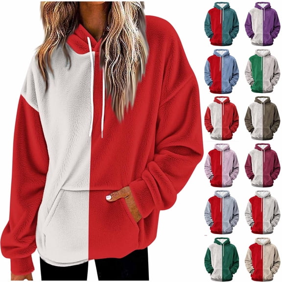 Qzwdhjm Womens Fuzzy Hoodies Color Block Hooded Fleece Sweatshirts Cozy Long Sleeve Oversized Sweatshirt with Kangaroo Pockets