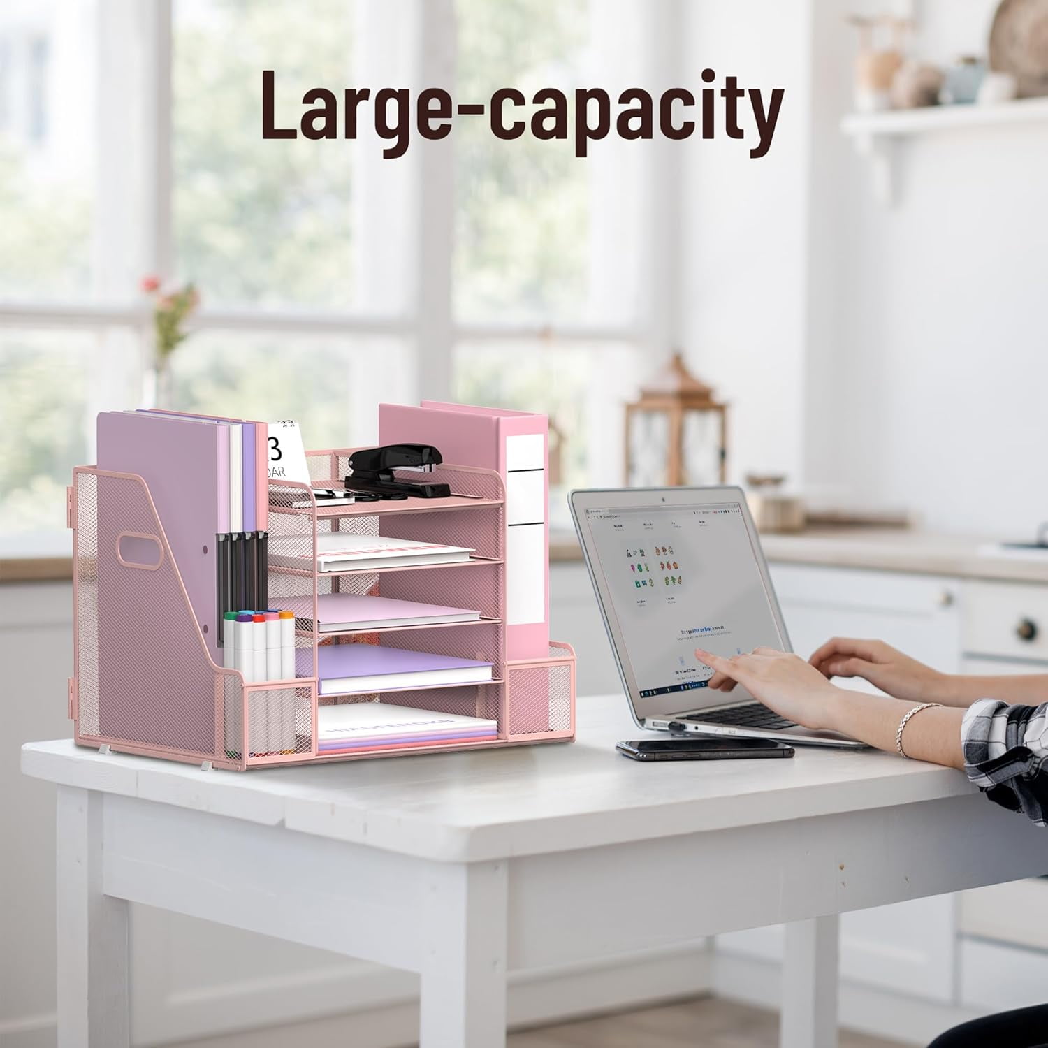 INTIGE 5-Tier Metal Desk Organizer with File Holder, Paper Letter Tray Organizer for Office, Pink, 1 Pcs
