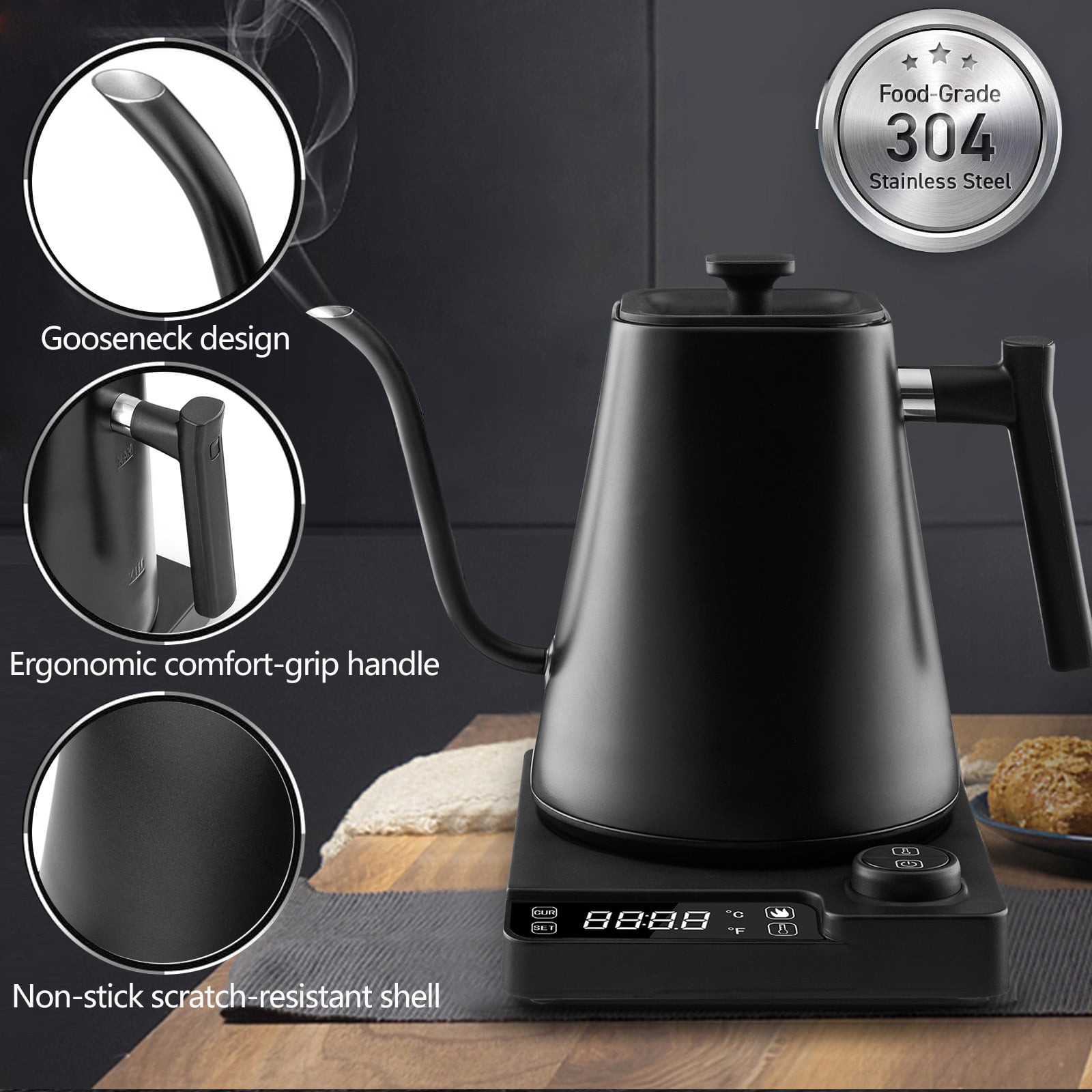  Barismate Electric Stainless Steel Gooseneck Kettle Temperature  Control Variable For Coffee Tea Water Pour Over 1200 Watt Quick Heating 1  Liter Boil-dry Protection Touch Screen Matte Black: Home & Kitchen