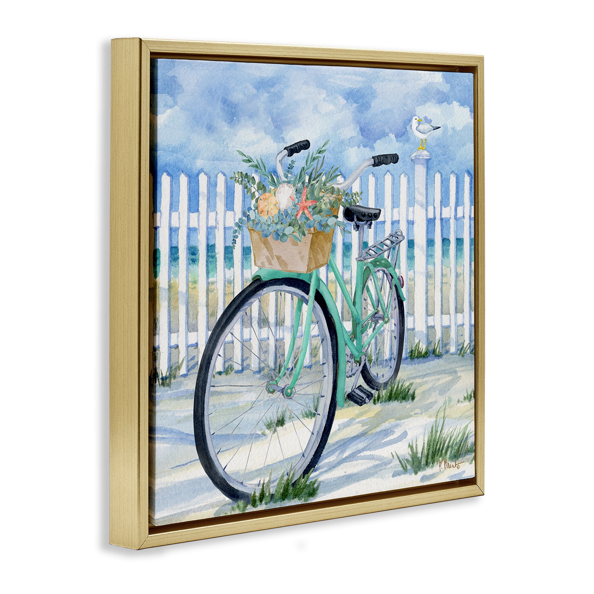 Stupell Industries Bike on Rosemary Beach Transportation Painting Gold Floater Framed Canvas Art Print Wall Art, 25 x 25